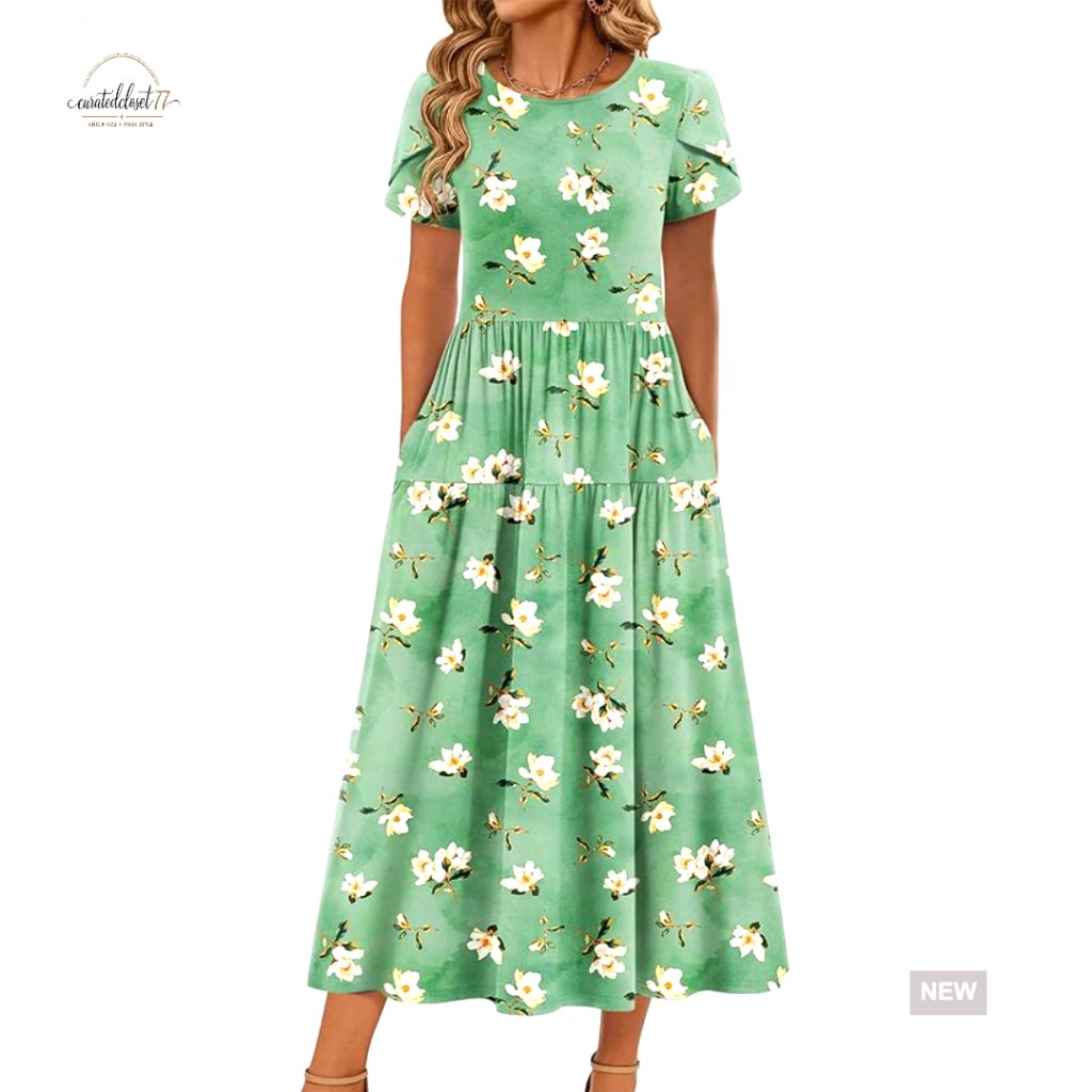 Maxi Bohemian Floral Dress Short Sleeve A-Line Casual Beach Sundress